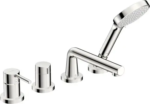 Wannen- und Brausearmatur von HANSA mit runder Rosette und Handbrause. Die Armatur hat einen schlanken Auslauf und zwei Bedienungselemente. Oberfläche in Chrom.